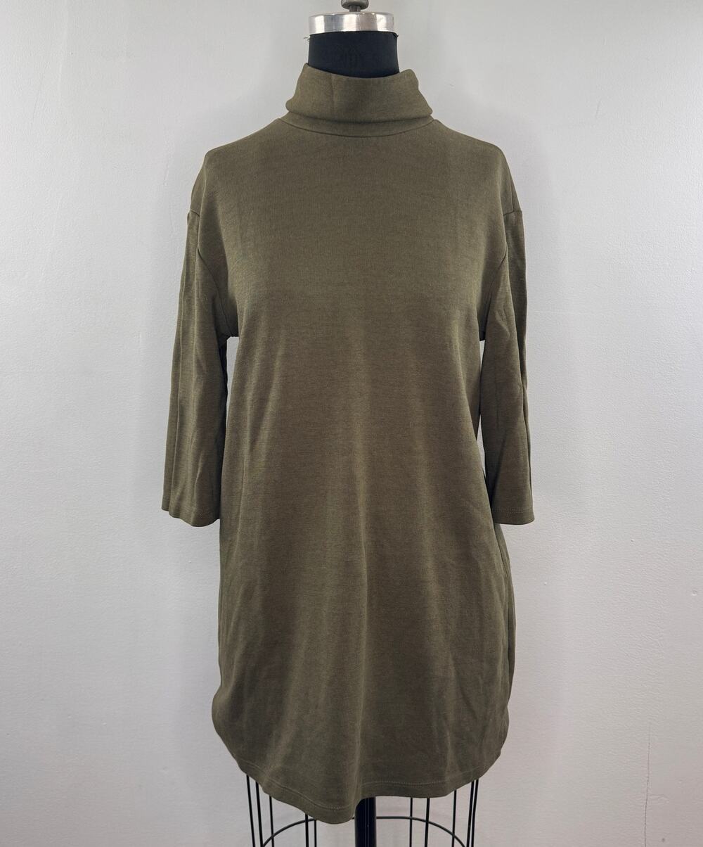 ZARA Olive Green Sweatshirt Dress Turtleneck 3/4 Sleeve Drop Shoulder Medium M